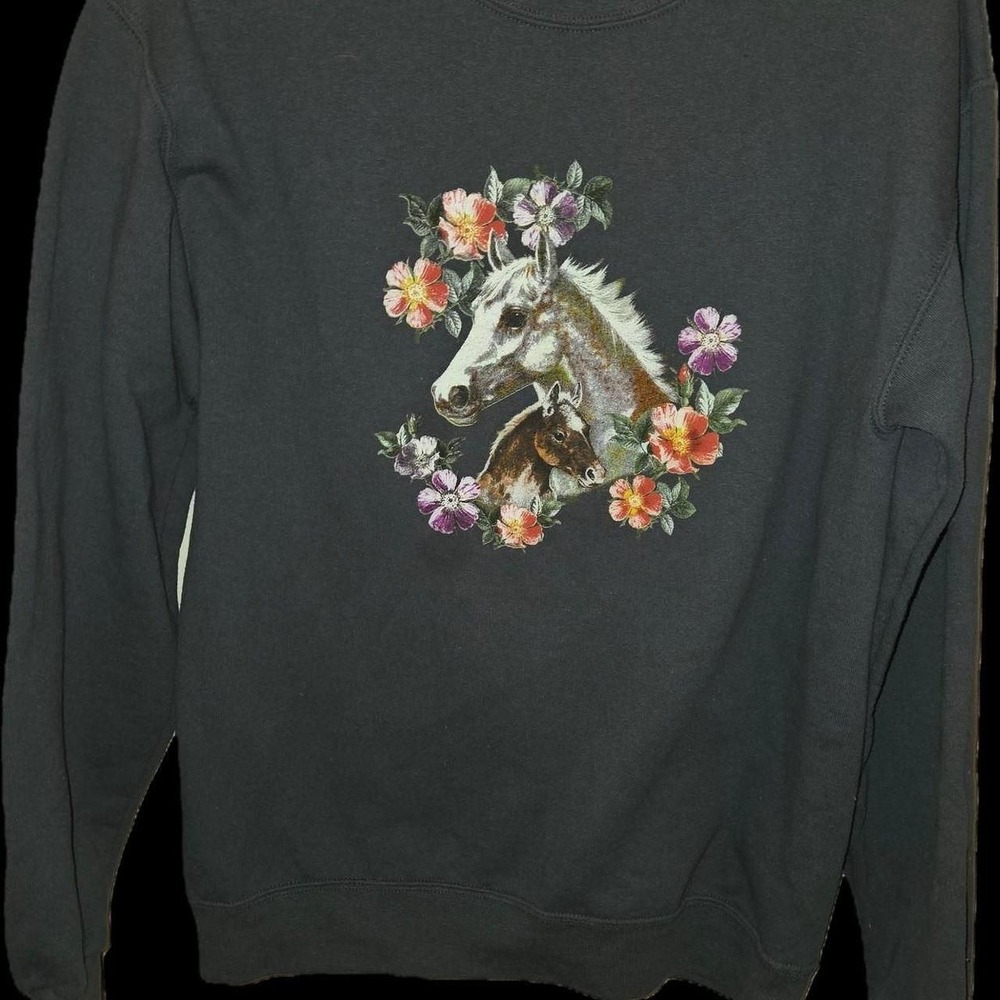 Horse and Foal Floral Graphic Sweatshirt Charcoal Gray Small